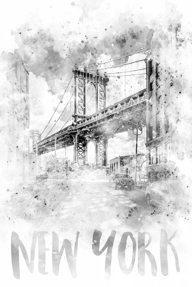 Viola, Melanie: Art monochrome Pont de Manhattan à New York | aquarelle