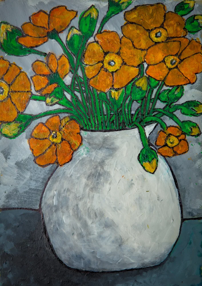 Hefer, Dale: Fleurs Orange Dans Un Vase Blanc