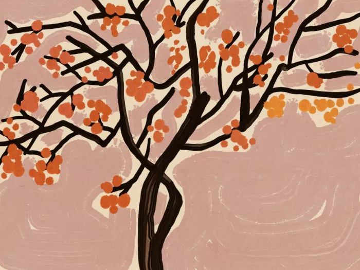 Dean, Little: Arbre stylisé aux fleurs orange vibrantes contre