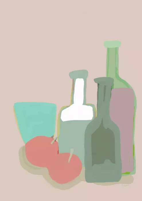 Bursic, Sharyn: Bodegón con botellas y manzanas