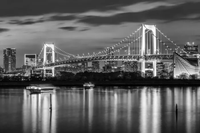 Viola, Melanie: Hermoso Rainbow Bridge y silueta de Tokio al atardecer - monocromático