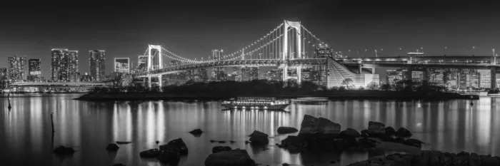 Viola, Melanie: Markante Rainbow Bridge mit Tokioter Skyline im Abendlicht - monochromes Panorama
