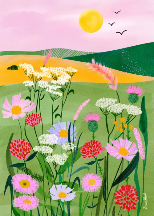 Bloom, Baroo: Fiori in volo con paesaggio di cielo rosa