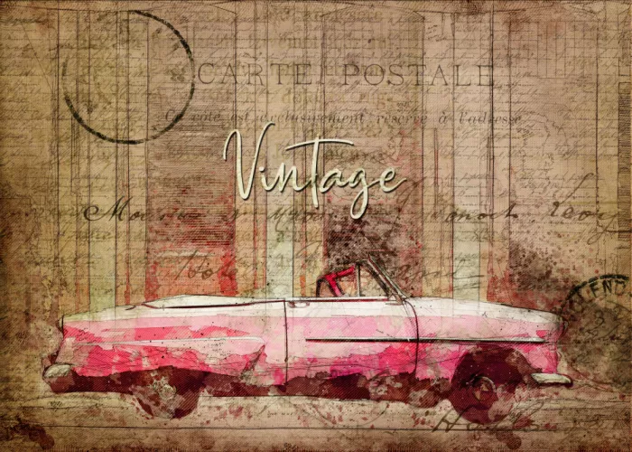 studio, senja Lembayung: carte postal vintage car