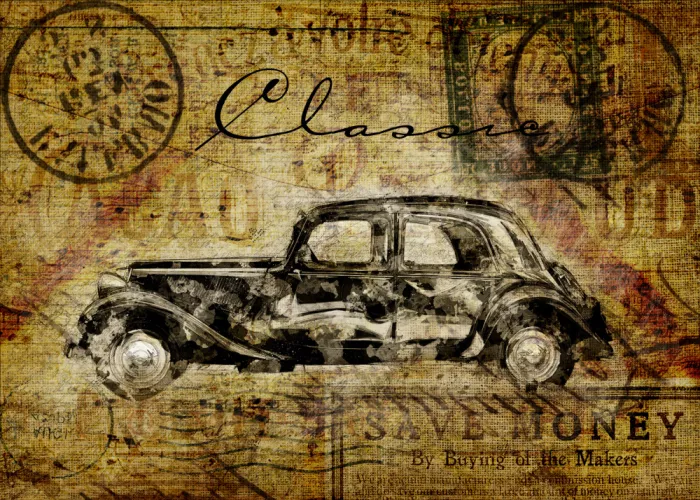 studio, senja Lembayung: Carte postale automobile vintage