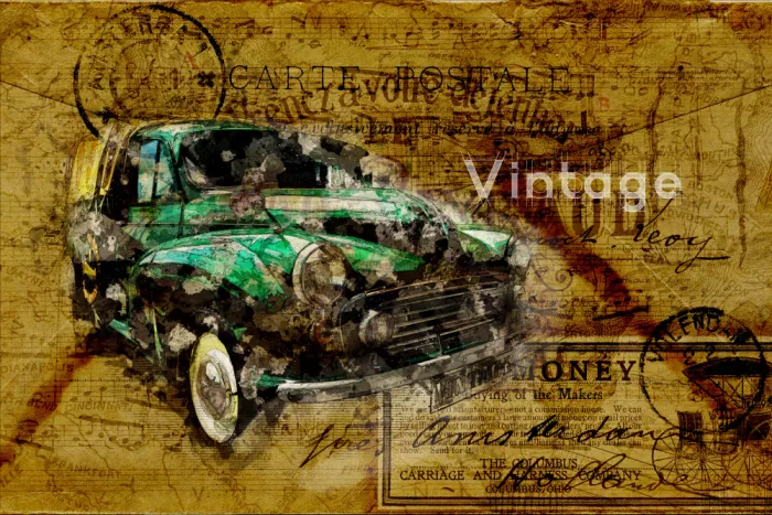 studio, senja Lembayung: Grunge Postal carte Car Retro