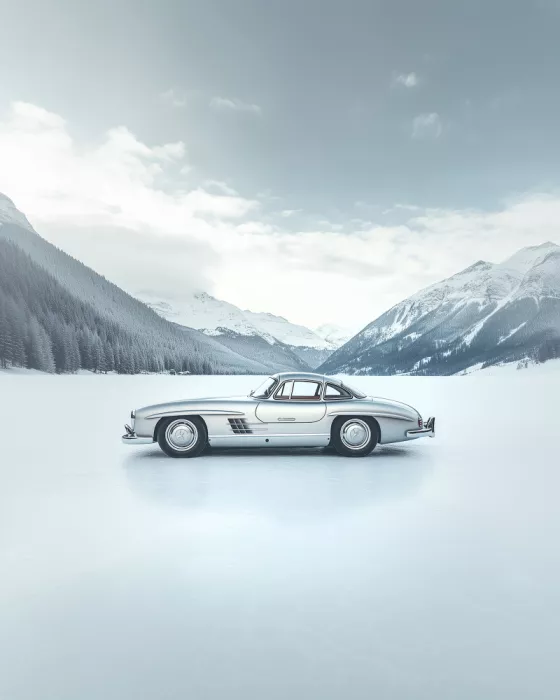 IV, Studio Pictufy: Retro-Silberwagen am gefrorenen Seeufer