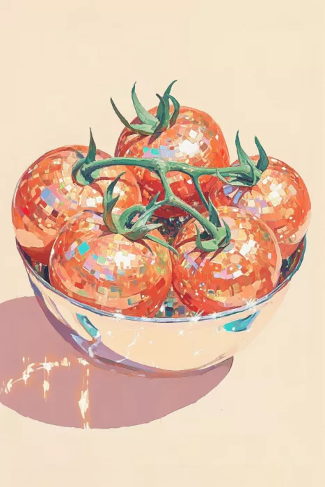 Prints, Art Melloi: Diskokugel-Tomaten in einer Schale