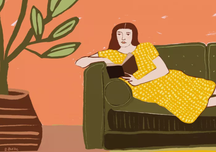 Bursic, Sharyn: Mujer leyendo en vestido amarillo