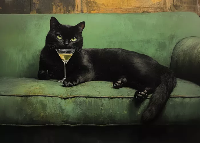 Studio, Pictufy: Chat au repos sur canapé vert Martini 001