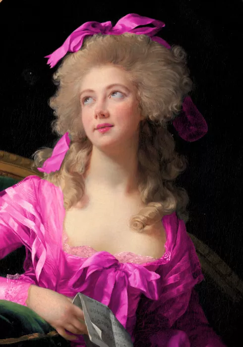 Fritsch, Athene: Femme en robe rose éclatante et ruban