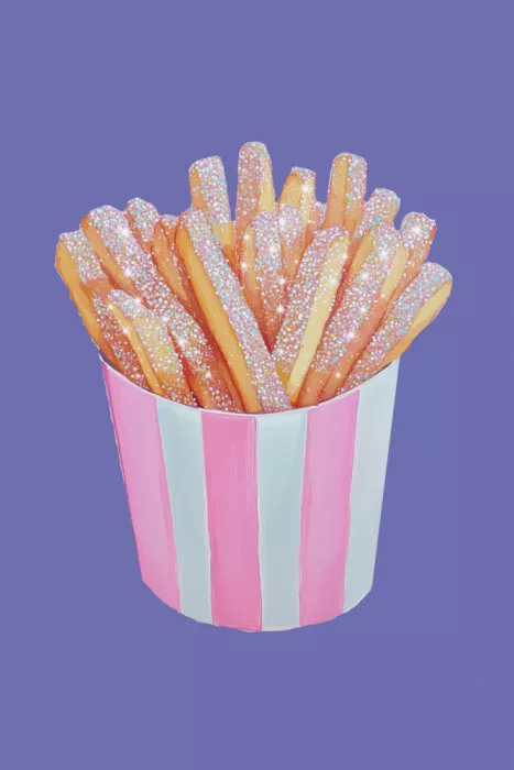 Prints, Art Melloi: Glitter French Fries in Pink Striped Cup - Unique Food Art