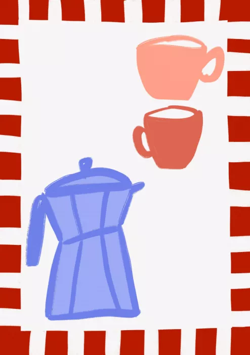 Fritsch, Athene: Cafetière bleu minimaliste et deux tasses roses