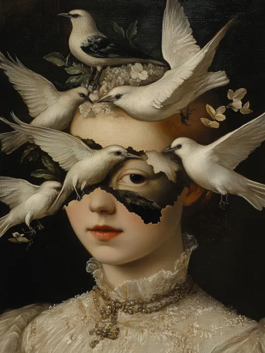 Dikhotomy: Donna con uccelli bianchi