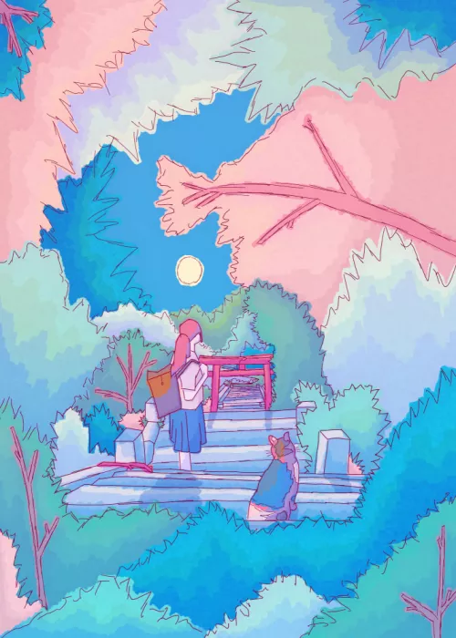 Wade, Stephen: Jeune Fille avec son Chat sous un Ciel de Lune