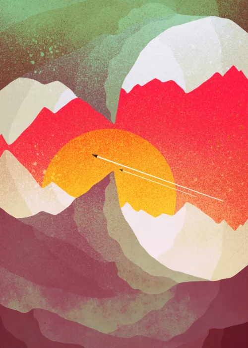 Wade, Stephen: Coucher de soleil vibrant sur des montagnes superposées