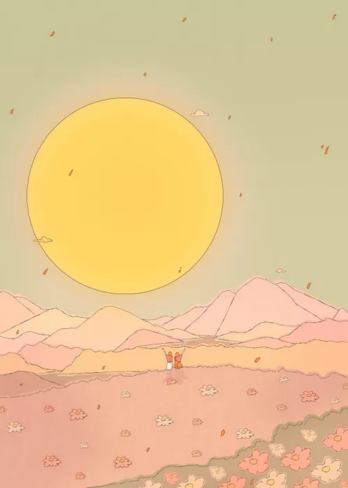 Wade, Stephen: Soleil sur les montagnes pastel et les fleurs en fleur