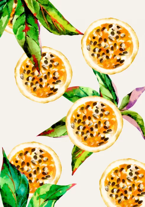 C, Elizabeth: Fruit de la Passion Exotique et Feuilles Motif Esthétique - Aquarelle Tropicale Vibrante
