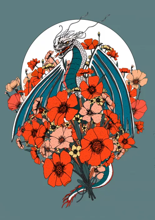 Nicholas: Dragon mythique et fleurs