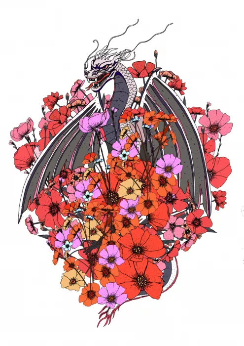 Nicholas: Dragon mythique et fleurs