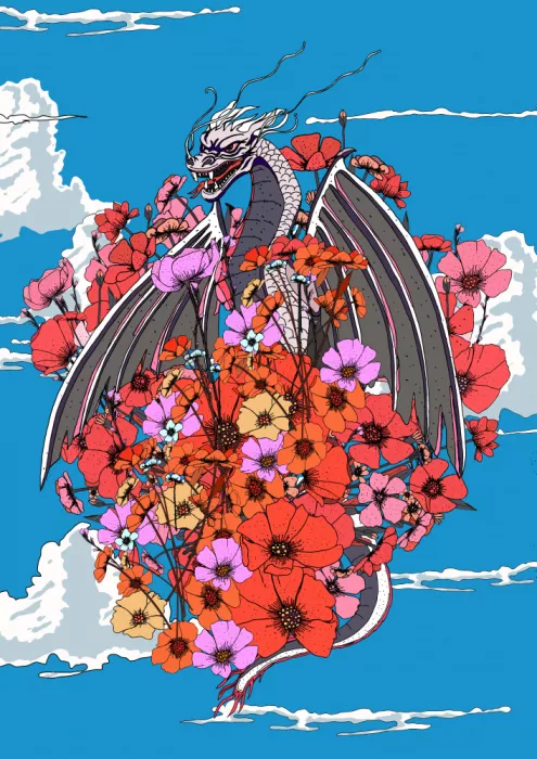 Nicholas: Dragon mythique et fleurs
