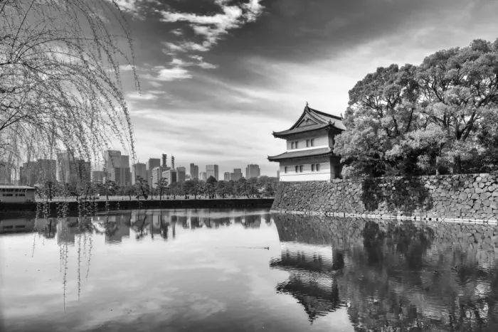 Viola, Melanie: Sakurada Tatsumi Yagura con skyline di Tokyo | monocromo