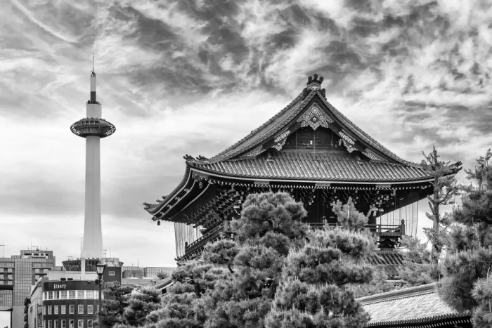 Viola, Melanie: Templo Higashi Hongan-ji con la Torre de Kyoto | monocromo