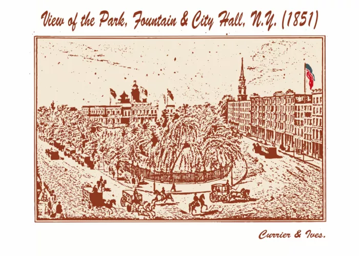 Project, Doa: Vue du parc, fontaine et hôtel de ville, New York 1851 par Currier & Ives