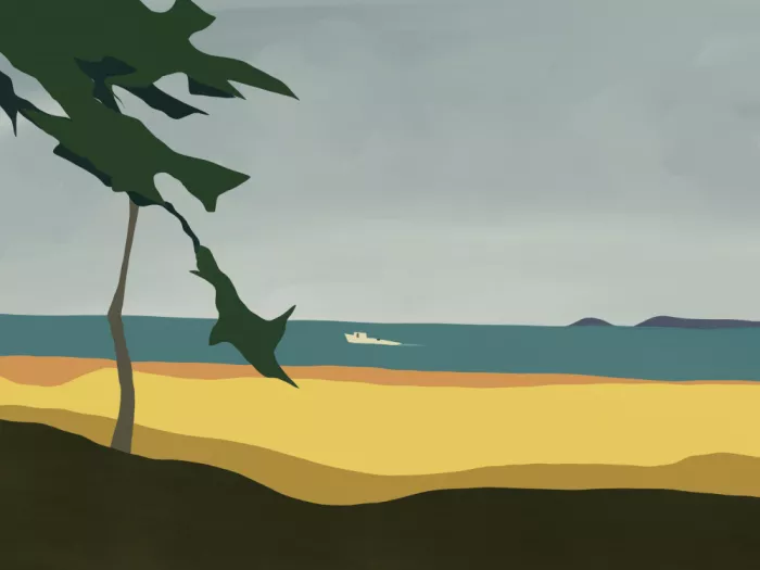 Dean, Little: Scène de plage avec bateau lointain
