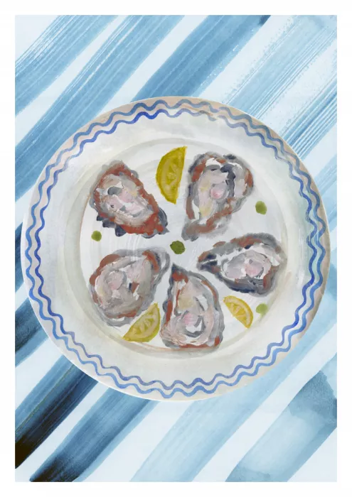 cartissi: Oysters on Striped Blue Plate Watercolour