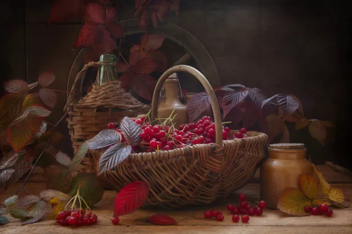 Grigorjeva, Eleonora: Still life with  scarlet viburnum autumn branches and berries in vintage style.
