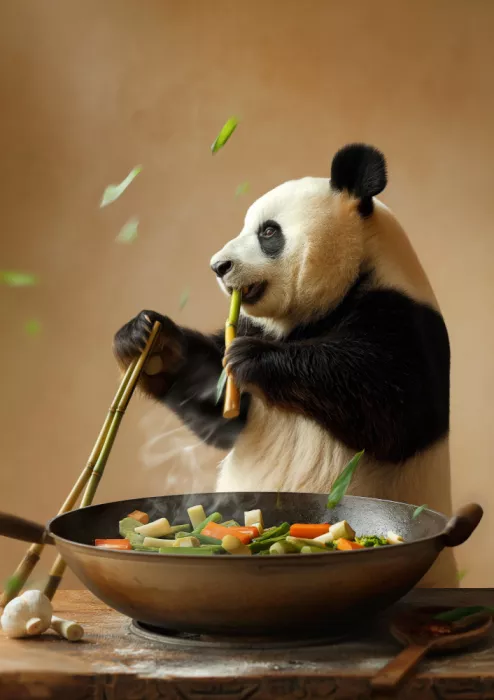 Rahner, Niky: Panda šéfkuchař při přípravě míchané omáčky