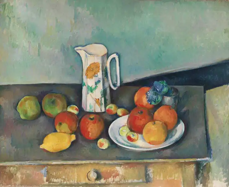 Cézanne, Paul: Still life with pot of milk and fruit