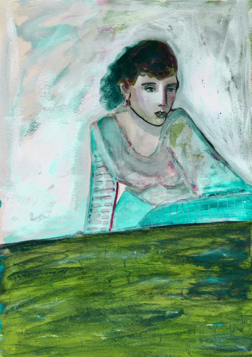 Bursic, Sharyn: Porträt einer sitzenden Frau im Freien figurativ