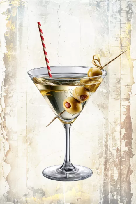 Kulik, Rafal: Martini classique aux olives et paille rayée sur fond texturé