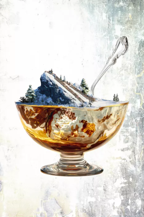 Kulik, Rafal: Paysage de montagne hivernal miniature surréaliste servi dans un bol à dessert en verre avec une cuillère