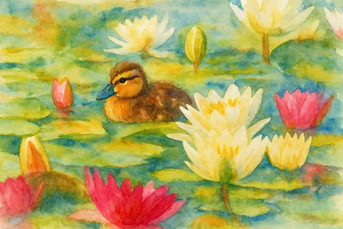 Bruns, Natalie: Serene duckling swimming through vibrant lotus flowers