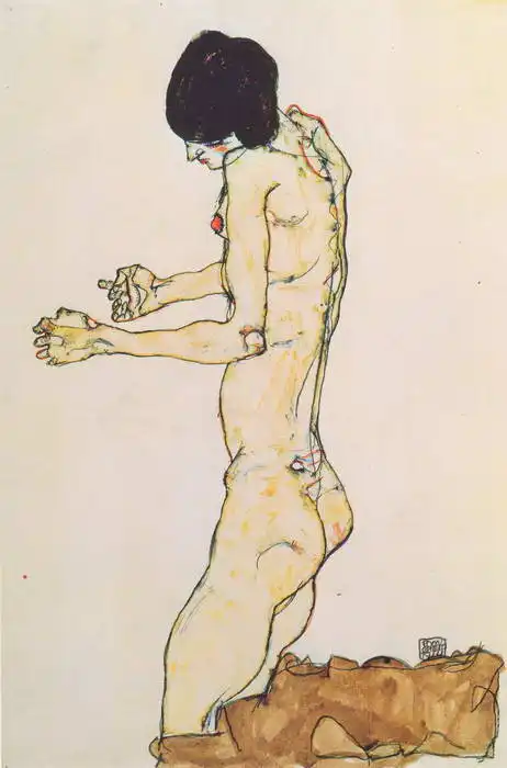 Schiele, Egon: Kneeling nude with open arms