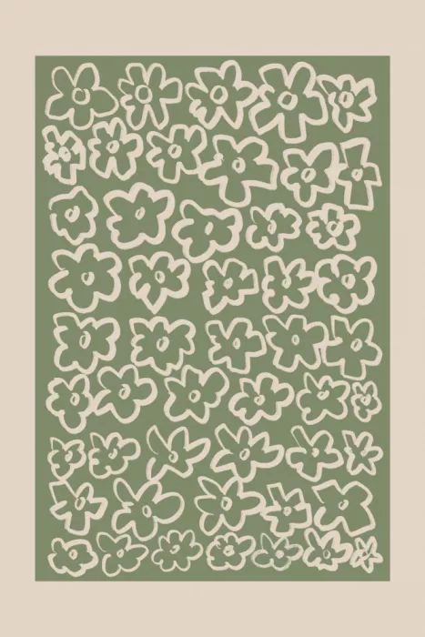 Prints, Art Melloi: Salbeigrüne Blumenwiese mit Blütenmuster