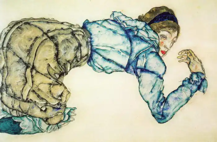 Schiele, Egon: Kneeling woman in a blue blouse
