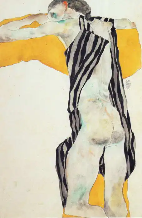 Schiele, Egon: Lying naked girl in a striped slips