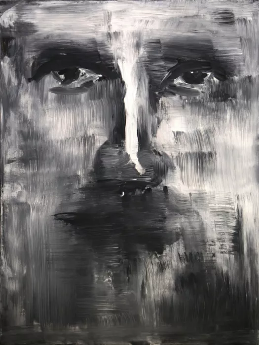 Kulik, Rafal: Jesus - portrait abstrait expressionniste en noir et blanc avec coups de pinceau visibles