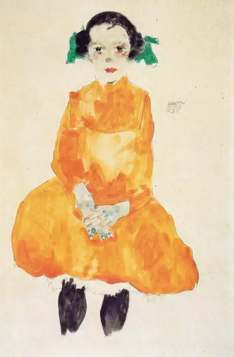 Schiele, Egon: Girl in ocher yellow dress
