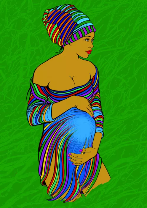 Kaminski, Carlo: #Mother26 Expectant Mother with Headwrap and Dress in African Colours on green