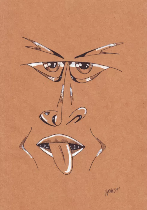 Kulik, Rafal: Visage de dessin animé avec la langue tirée, traits exagérés et yeux expressifs