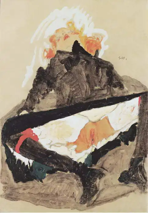 Schiele, Egon: Red-haired girl in a black dress with outstretched legs