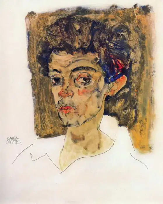 Schiele, Egon: Self-portrait in front of a brown background