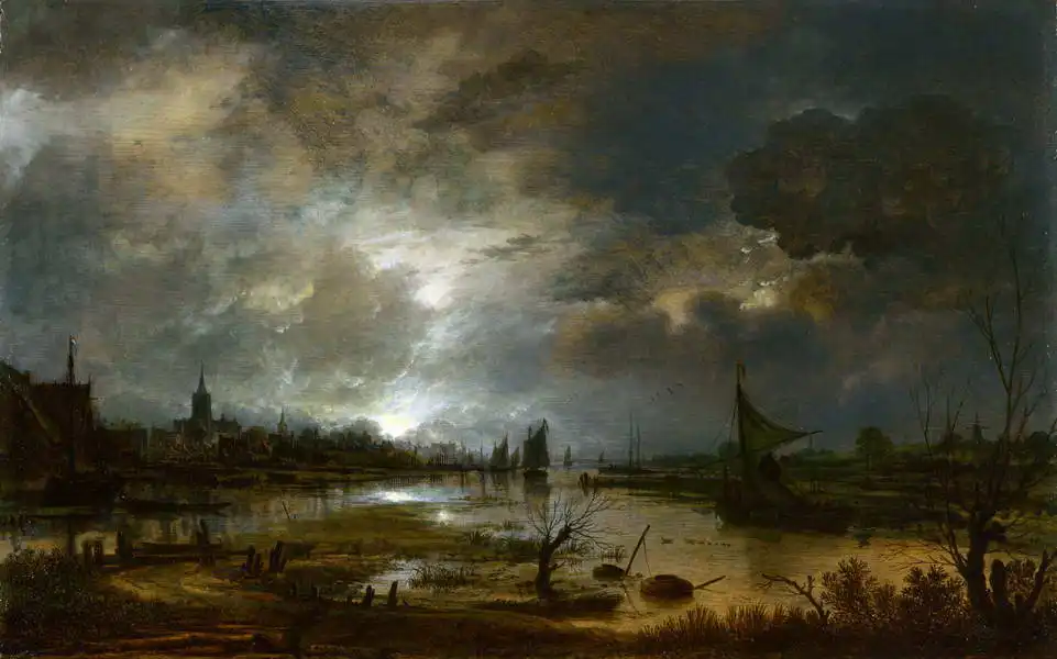 Neer, van der Aert: The river near the city, in the moonlight