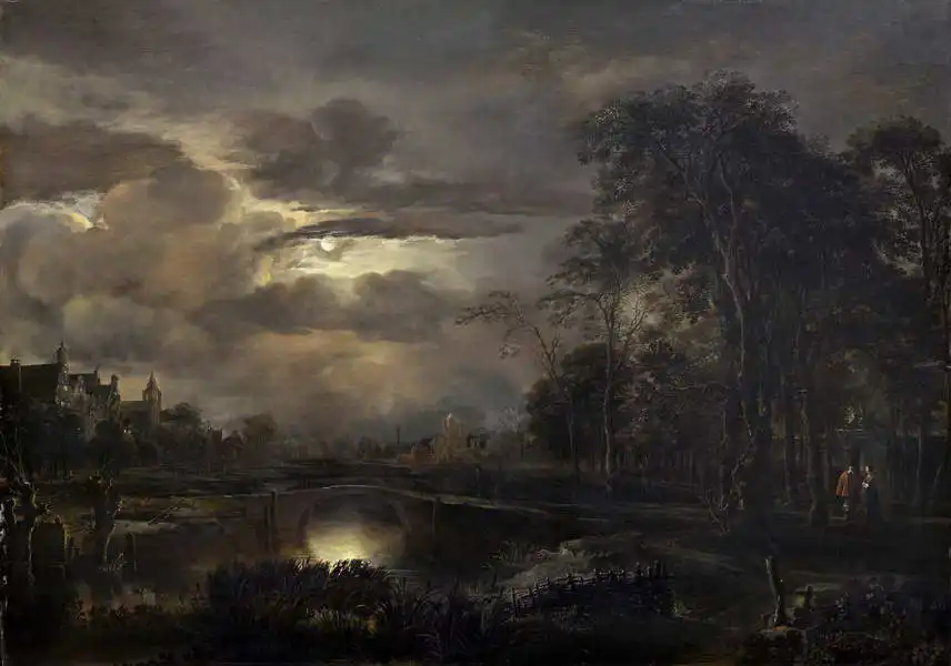Neer, van der Aert: Moonscape with bridge