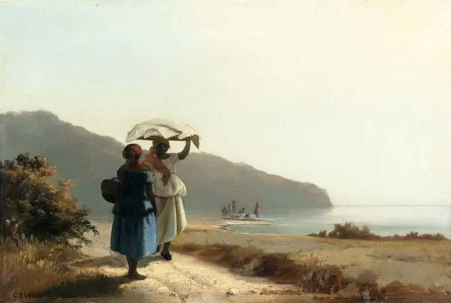 Pissarro, Camille: Two women in a conversation on the seashore, St. Thomas